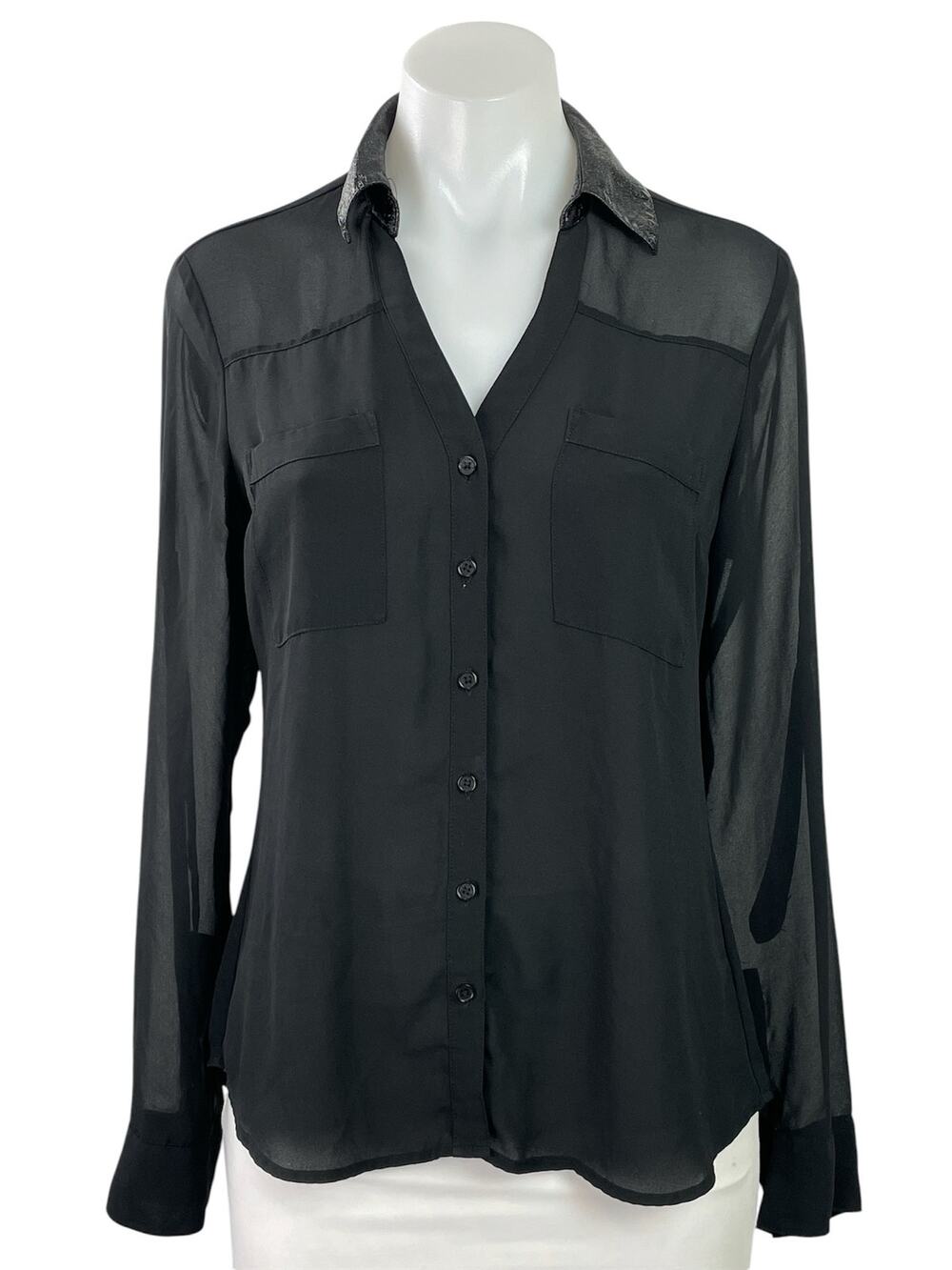 Express Women's Black Long Sleeve Collared Pockets Button Down Shirt Top Size XS